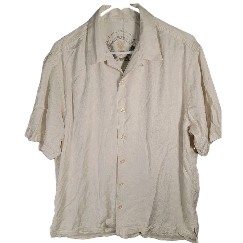 Tommy Bahama Shirt Mens L Cream 100% Silk Short Sleeve Camp Hawaiian Jacquard